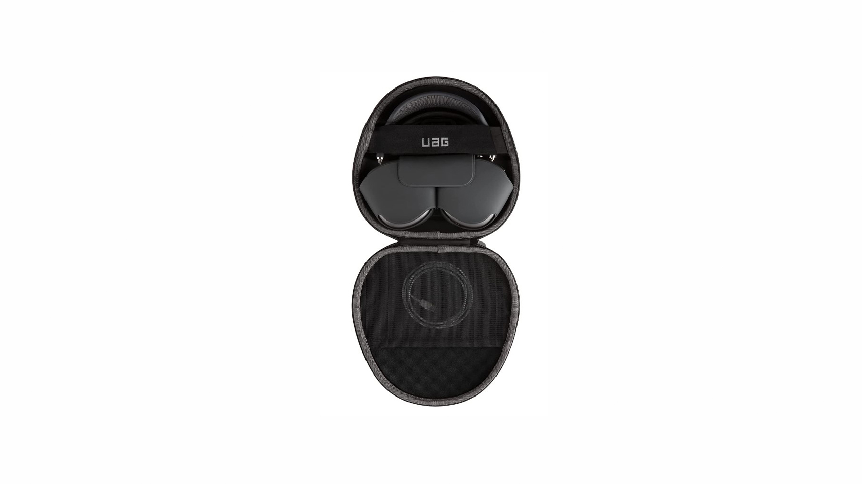 urban-armor-gear-ration-protective-airpods-max-case-product-shot Top down shot of the Urban Armor Gear case for Apple AirPods Max shows the headphones and accessories on a white backdrop.