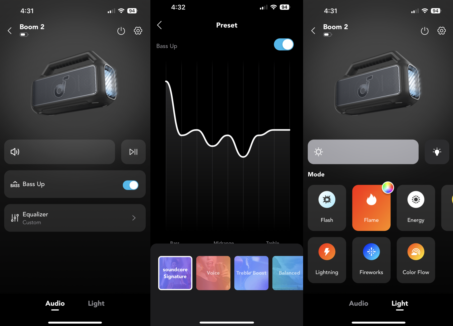 Anker Soundcore Boom 2 App Screen Shot Screen shot of three different pages from the Soundcore app